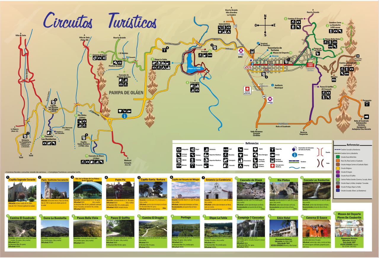 Mapa ilustrado de circuitos turísticos de La Falda y el valle de Punilla